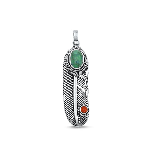 Sterling Silver Oxidized Genuine Turquoise and Coral Pendant Face Height-29.2mm