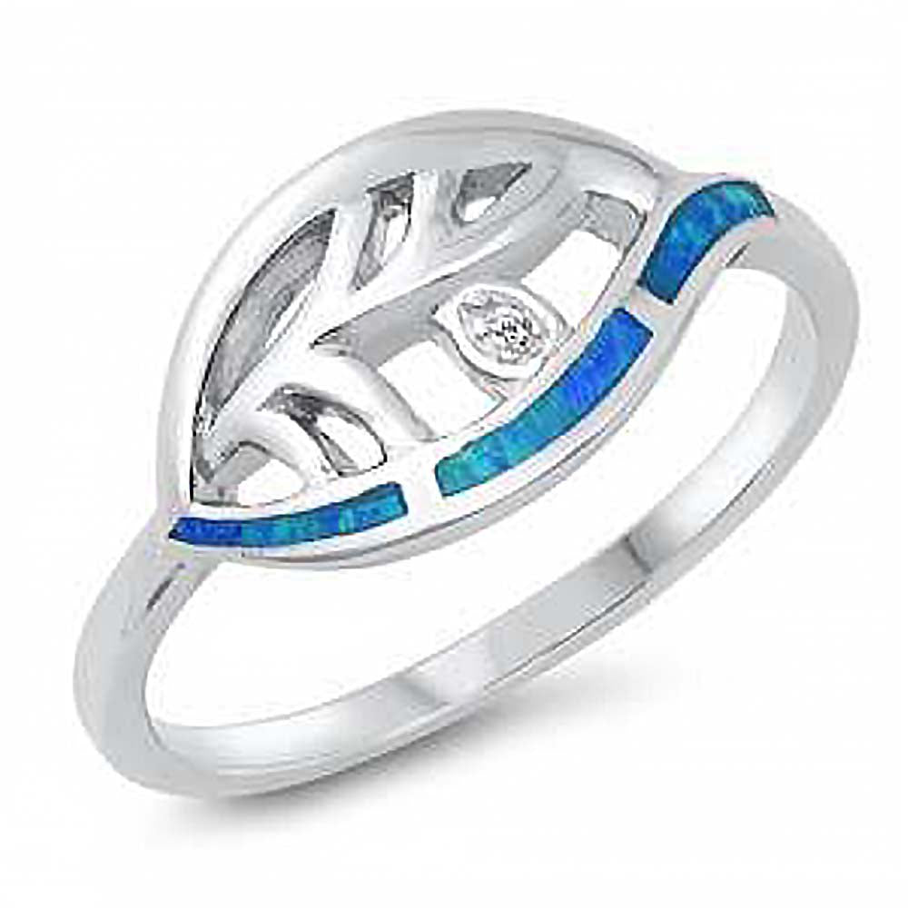 Sterling Silver Lab Blue Opal Leaf Clear CZ Ring