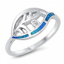 Load image into Gallery viewer, Sterling Silver Lab Blue Opal Leaf Clear CZ Ring