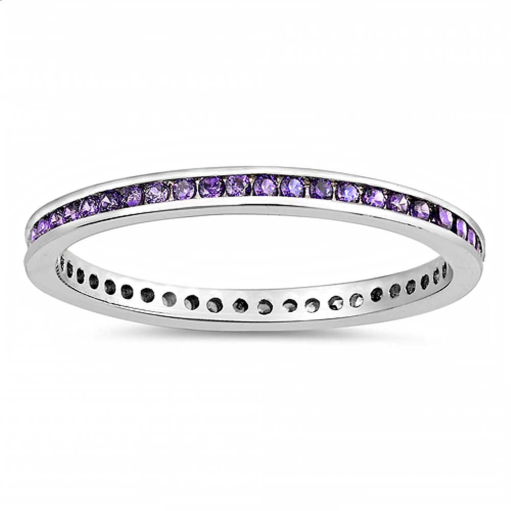 Sterling Silver Eternity Round Amethyst Color Cubic Zirconia Ring