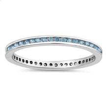 Load image into Gallery viewer, Sterling Silver Classy Eternity Band Ring with Aquamarine Swarovski Simulated Crystals on Channel Setting with Rhodium FinishAnd Band Width 2MM