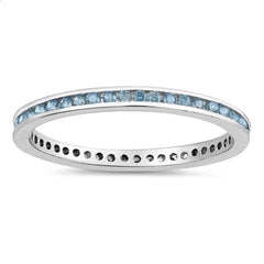 Sterling Silver Classy Eternity Band Ring with Aquamarine Swarovski Simulated Crystals on Channel Setting with Rhodium FinishAnd Band Width 2MM