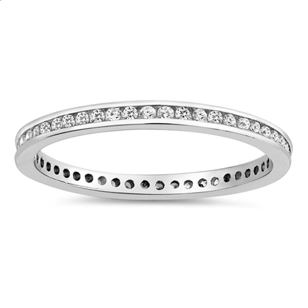 Sterling Silver Eternity Band Ring with Clear Swarovski Simulated Crystals on Channel Setting with Rhodium FinishAnd Band Width 2MM
