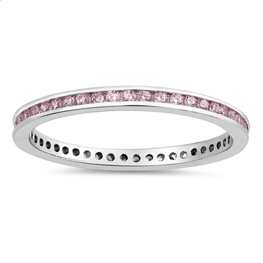 Sterling Silver Eternity Band Ring with Pink Swarovski Simulated Crystals on Channel Setting with Rhodium Finish, Band Width 2MM