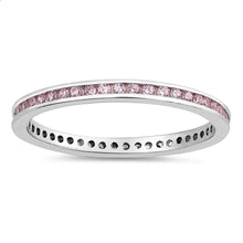 Load image into Gallery viewer, Sterling Silver Classy Eternity Band Ring with Pink Swarovski Simulated Crystals on Channel Setting with Rhodium FinishAnd Band Width 2MM