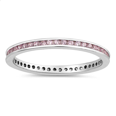 Sterling Silver Classy Eternity Band Ring with Pink Swarovski Simulated Crystals on Channel Setting with Rhodium FinishAnd Band Width 2MM