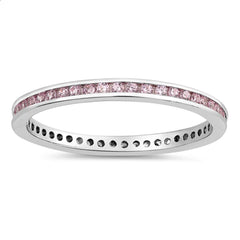 Sterling Silver Classy Eternity Band Ring with Pink Swarovski Simulated Crystals on Channel Setting with Rhodium FinishAnd Band Width 2MM