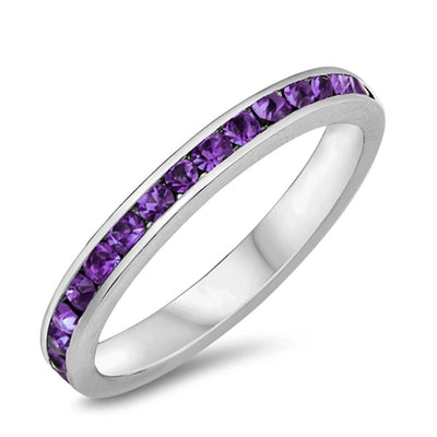 Sterling Silver Eternity Band Ring with Amethyst Simulated Crystals on Channel Setting with Rhodium FinishAnd Band Width 3MM