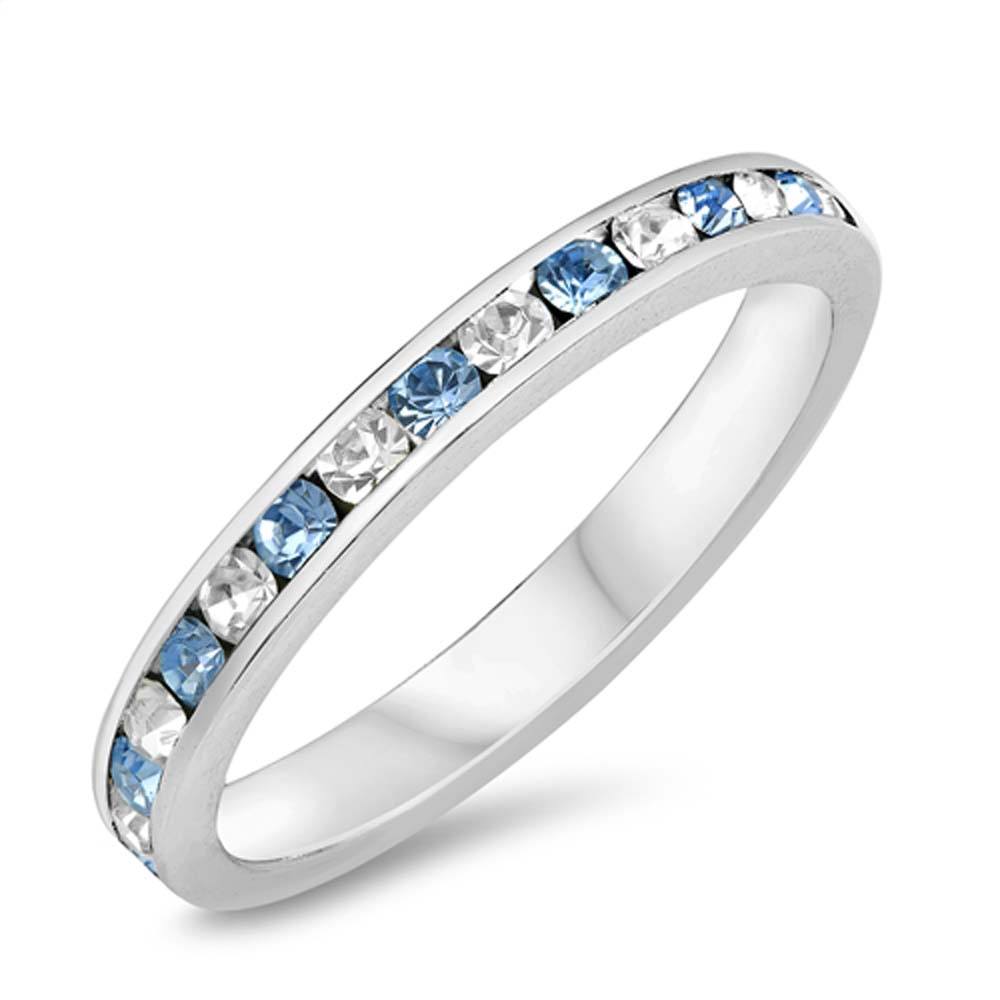 Sterling Silver Eternity Band Shaped Aquamarine and Clear Crystal Rings, Band Width 3mm