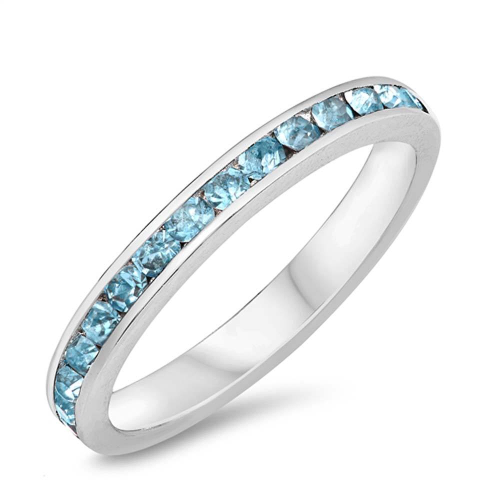 Sterling Silver Eternity Band Shaped Aquamarine CZ RingsAnd Band Width 3mm