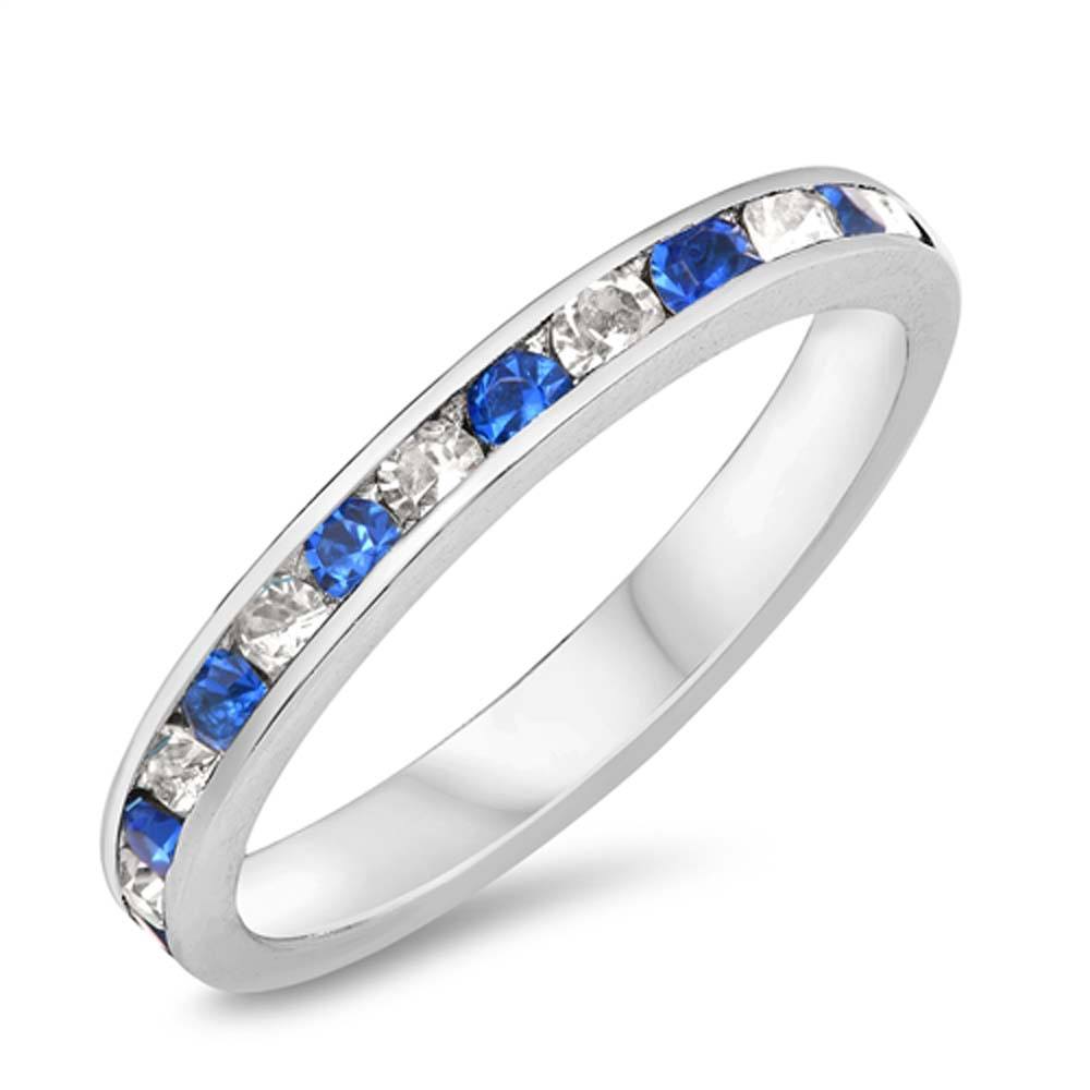 Sterling Silver Eternity Band Ring with Blue/Clear Multi Color Crystals on Channel Setting with Rhodium FinishAnd Band Width 3MM