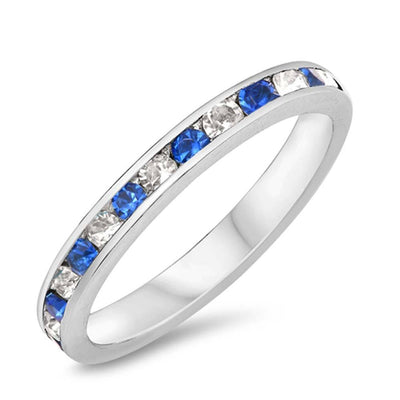Sterling Silver Eternity Band Ring with Blue/Clear Multi Simulated Crystals on Channel Setting with Rhodium FinishAnd Band Width 3MM