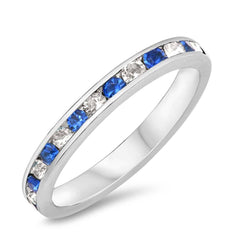 Sterling Silver Classy Eternity Band Ring with Blue/Clear Multi Simulated Crystals on Channel Setting with Rhodium FinishAnd Band Width 3MM