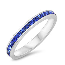 Load image into Gallery viewer, Sterling Silver Classy Eternity Band Ring with Blue Sapphire Simulated Crystals on Channel Setting with Rhodium FinishAnd Band Width 3MM