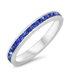 Sterling Silver Classy Eternity Band Ring with Blue Sapphire Simulated Crystals on Channel Setting with Rhodium FinishAnd Band Width 3MM