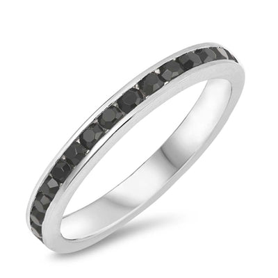 Sterling Silver Eternity Band Ring with Black Swarovski Simulated Crystals on Channel Setting with Rhodium FinishAnd Band Width 1.7MM