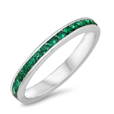 Sterling Silver Eternity Band Ring with Emerald Simulated Crystals on Channel Setting with Rhodium FinishAnd Band Width 3MM
