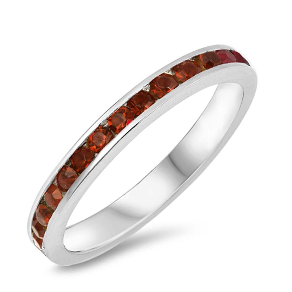 Sterling Silver Eternity Band Ring with Garnet Crystals on Channel Setting with Rhodium FinishAnd Band Width 3MM