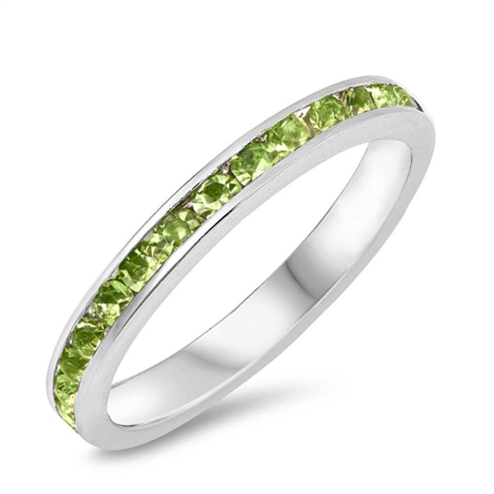 Sterling Silver Eternity Band Ring with Peridot Green Crystals on Channel Setting with Rhodium FinishAnd Band Width 3MM