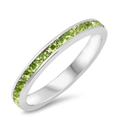Sterling Silver Classy Eternity Band Ring with Peridot Green Swarovski Simulated Crystals on Channel Setting with Rhodium FinishAnd Band Width 3MM