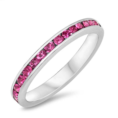 Sterling Silver Eternity Band Ring with Rose Pink Swarovski Simulated Crystals on Channel Setting with Rhodium FinishAnd Band Width 3MM