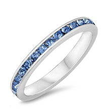 Load image into Gallery viewer, Sterling Silver Classy Eternity Band Ring with Blue Topaz Simulated Crystals on Channel Setting with Rhodium FinishAnd Band Width 3MM