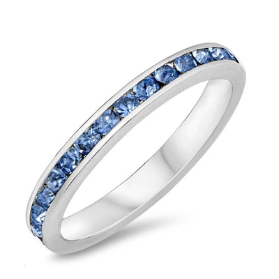 Sterling Silver Eternity Band Ring with Blue Topaz Simulated Crystals on Channel Setting with Rhodium FinishAnd Band Width 3MM