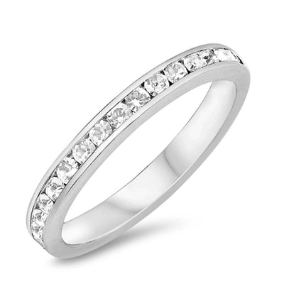 Sterling Silver Eternity Band Ring with Clear Swarovski Simulated Crystals on Channel Setting with Rhodium FinishAnd Band Width 3MM