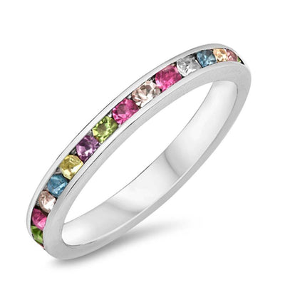 Sterling Silver Eternity Band Ring with Multi Color Swarovski Simulated Crystals on Channel Setting with Rhodium FinishAnd Band Width 3MM