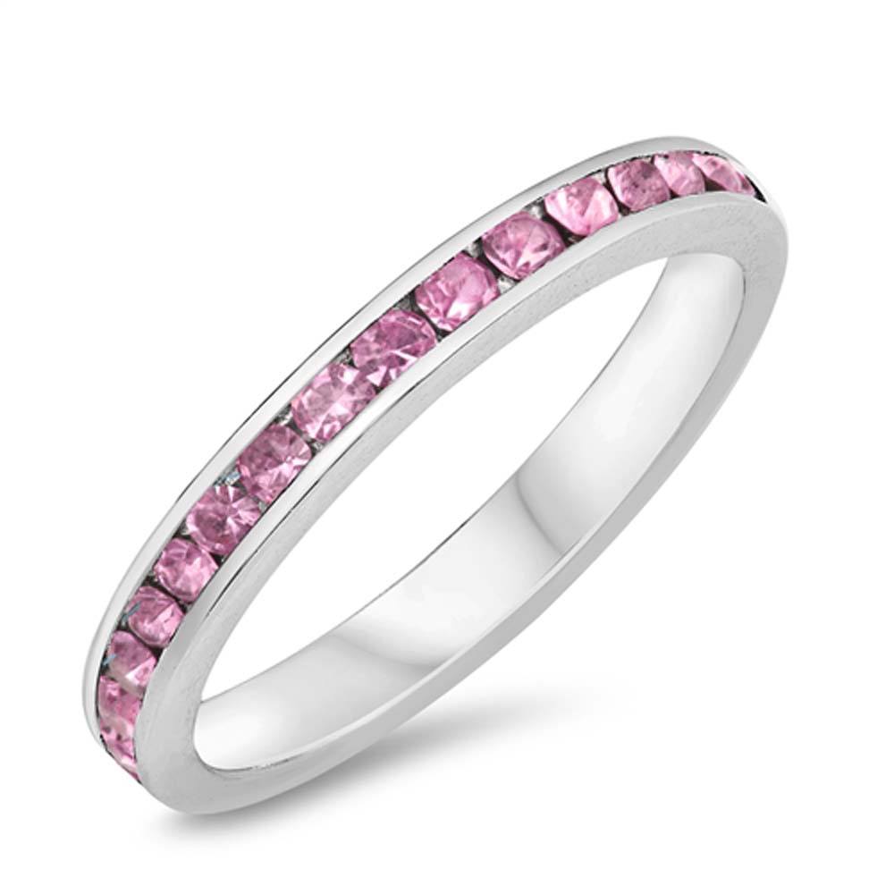 Sterling Silver Eternity Band Ring with Pink Crystals on Channel Setting with Rhodium FinishAnd Band Width 3MM