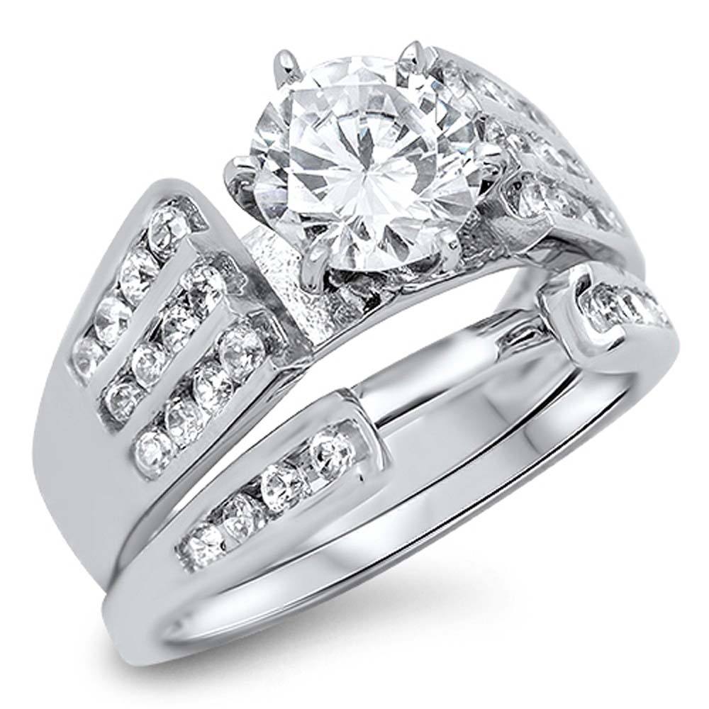 Sterling Silver Clear CZ Facny 2 Piece Engagement Ring Set with a Round Cut Clear CZ in the CenterAnd Ring Band Width of 2MM and Ring Face Height of 7MM