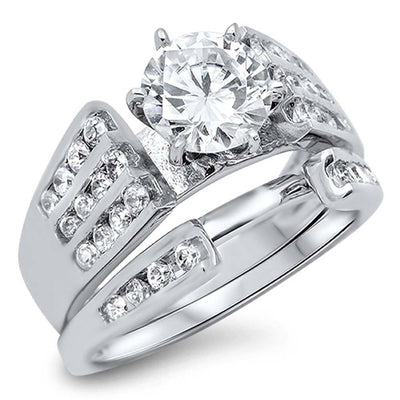 Sterling Silver Clear CZ Facny 2 Piece Engagement Ring Set with a Round Cut Clear CZ in the CenterAnd Ring Band Width of 2MM and Ring Face Height of 7MM