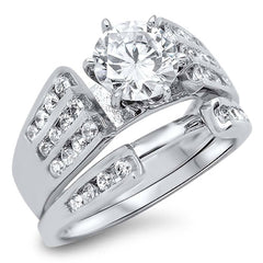 Sterling Silver Clear CZ Facny 2 Piece Engagement Ring Set with a Round Cut Clear CZ in the CenterAnd Ring Band Width of 2MM and Ring Face Height of 7MM