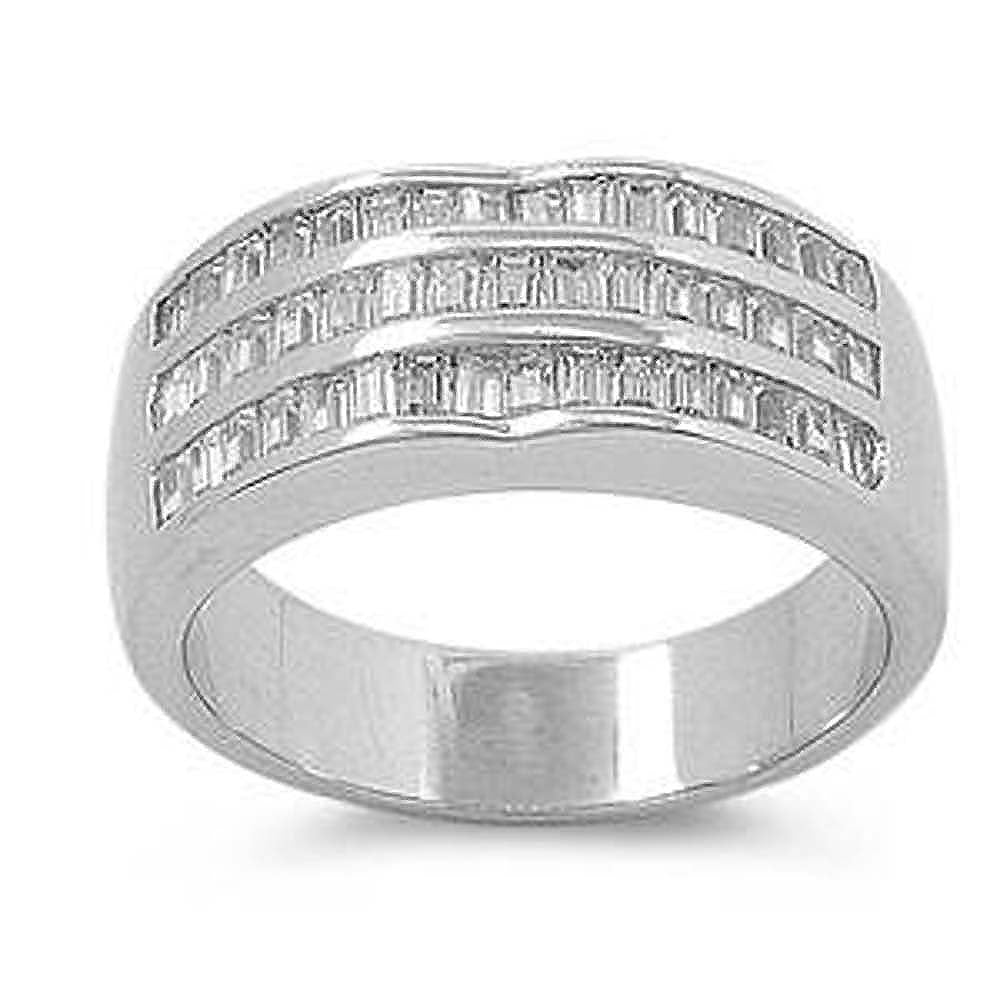 Sterling Silver Triple Lines Wave Shaped Clear CZ RingAnd Face Height 13mmAnd Band Width 4mm