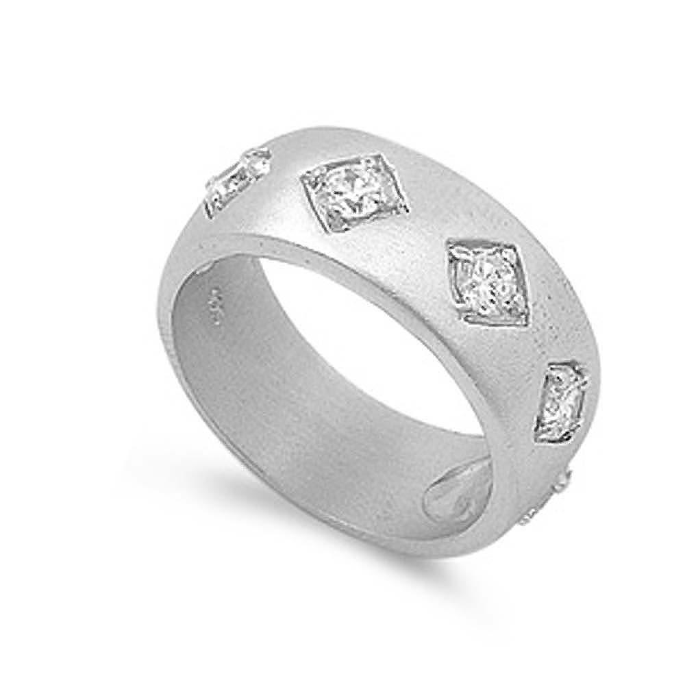 Sterling Silver Satin Finish Diamond Cut Shaped Clear CZ RingAnd Band Width 8mm