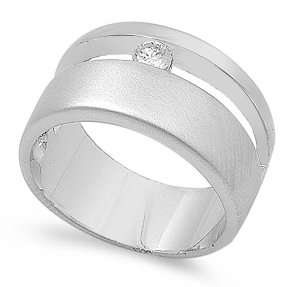 Sterling Silver Thick Double Lines Shaped Clear CZ RingAnd Band Width 11mmAnd Weight 8.5grams