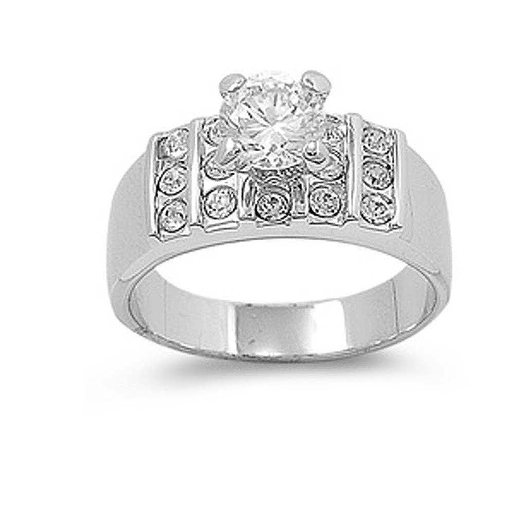 Sterling Silver Round Shaped Clear CZ RingAnd Band Width 8mmAnd Center Stone Thickness 6mm