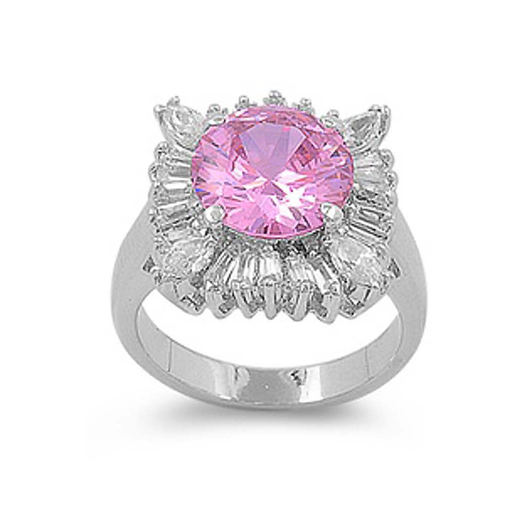 Sterling Silver Pink Round And Flower Shaped Clear CZ RingAnd Face Width 17mmAnd Band Width 3mm