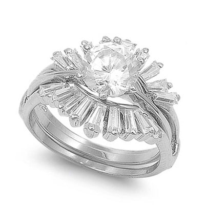 Sterling Silver Flower Shape Clear CZ 2 Piece Engagement Ring Set with an 8MM Round Clear CZ in the CenterAnd Ring band Width of 3MM