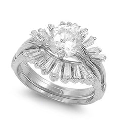 Sterling Silver Flower Shape Clear CZ 2 Piece Engagement Ring Set with an 8MM Round Clear CZ in the CenterAnd Ring band Width of 3MM