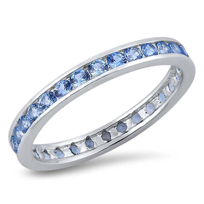 Sterling Silver 3mm Rhodium Plated Eternity Band Ring with Aquamarine Simulated Crystals on Channel Setting