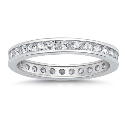Sterling Silver 3mm Rhodium Plated Eternity Band Ring with Clear Simulated Crystals on Channel Setting