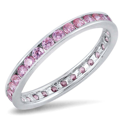Sterling Silver 3mm Rhodium Plated Eternity Band Ring with Pink Simulated Crystals on Channel Setting