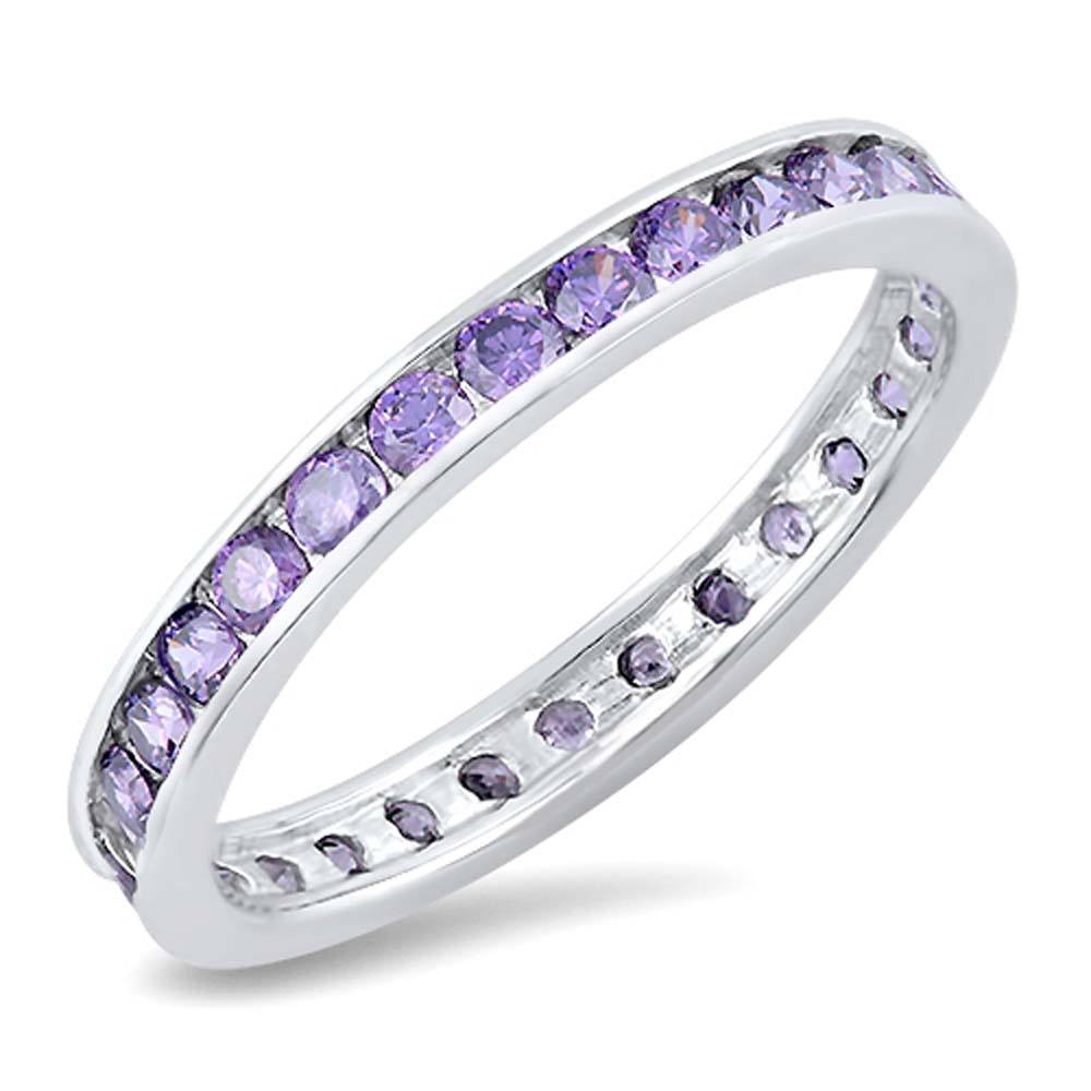 Sterling Silver 3mm Rhodium Plated Eternity Band Ring with Amethyst Crystals on Channel Setting