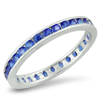 Sterling Silver 3mm Rhodium Plated Eternity Band Ring with Blue Sapphire Simulated Crystals on Channel Setting