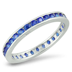Sterling Silver Classy Eternity Band Ring with Blue Sapphire Simulated Crystals on Channel Setting with Rhodium FinishAnd Band Width 3MM