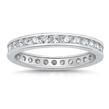 Load image into Gallery viewer, Sterling Silver Classy Eternity Band Ring with Clear Simulated Crystals on Channel Setting with Rhodium FinishAnd Band Width 3MM