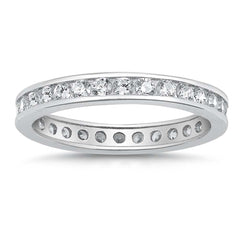 Sterling Silver Classy Eternity Band Ring with Clear Simulated Crystals on Channel Setting with Rhodium FinishAnd Band Width 3MM