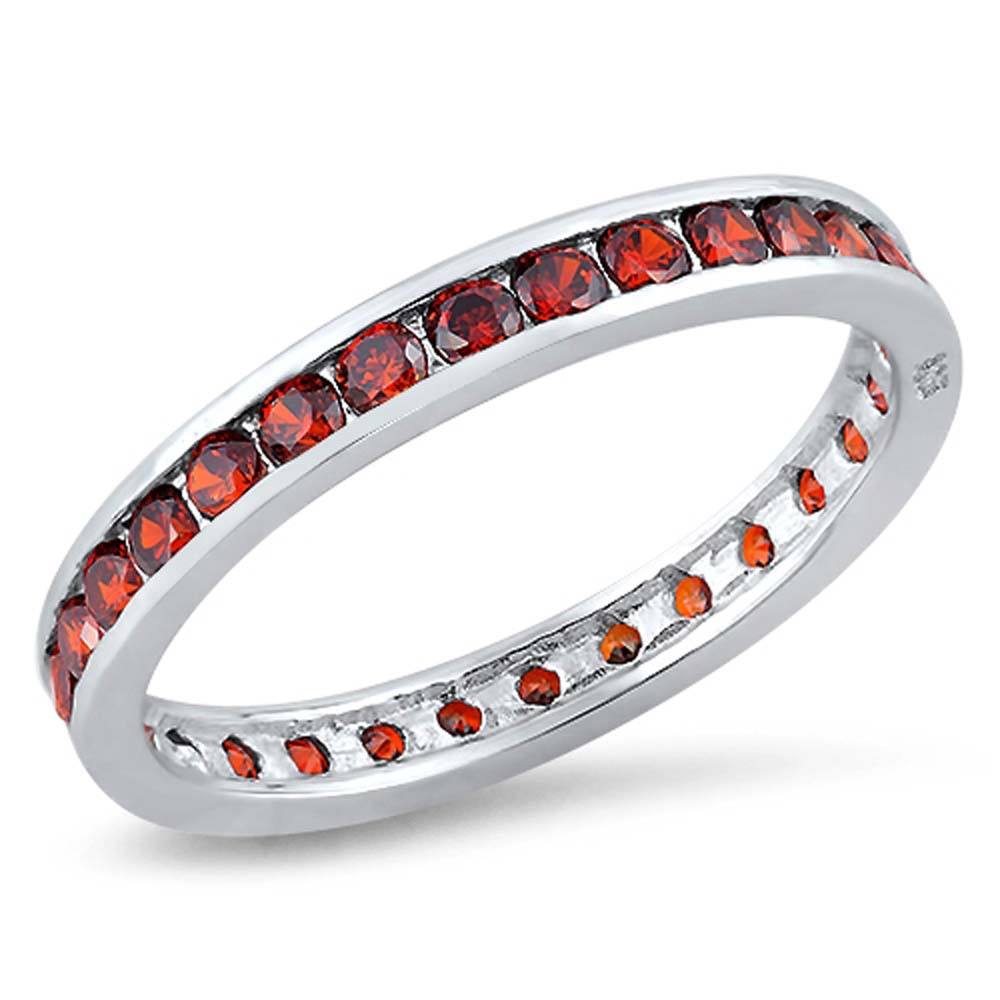 Sterling Silver 3mm Rhodium Plated Eternity Band Ring with Garnet Crystals on Channel Setting
