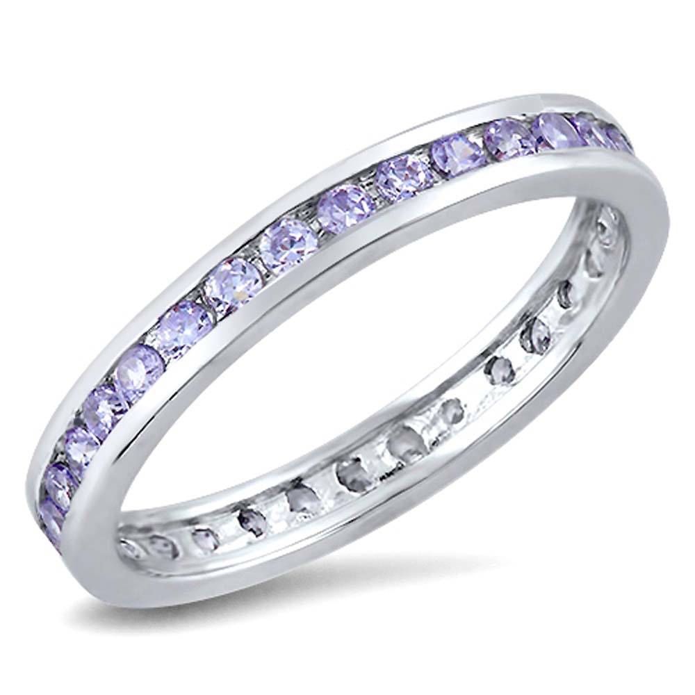 Sterling Silver 3mm Rhodium Plated Eternity Band Ring with Lavender Crystals on Channel Setting